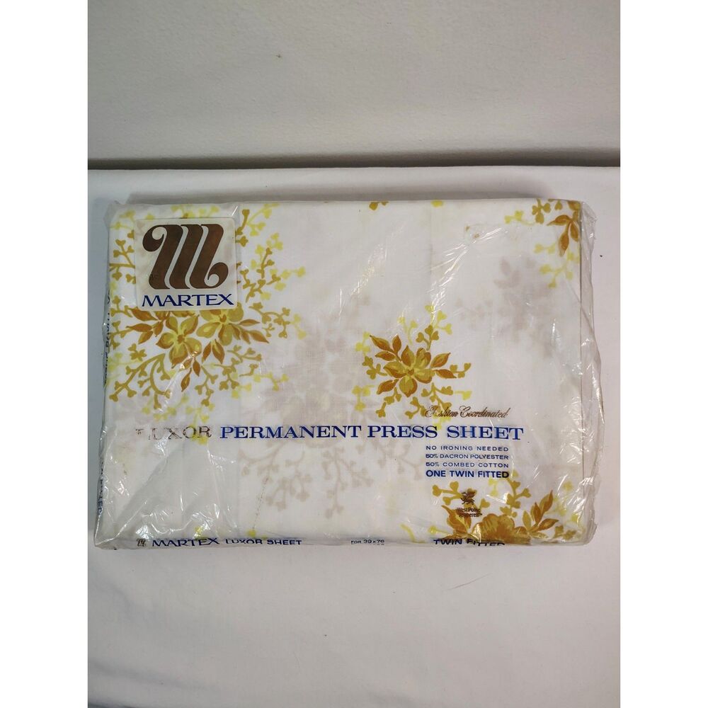 NOS Vintage Martex Luxor White Twin Fitted Sheet Floral Yellow NEW